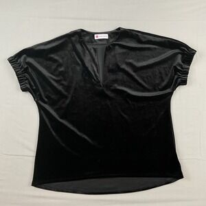 Caryn‎ Lawn Black Velvet Short Sleeve Blouse M Split Neck Stretchy Glam Top